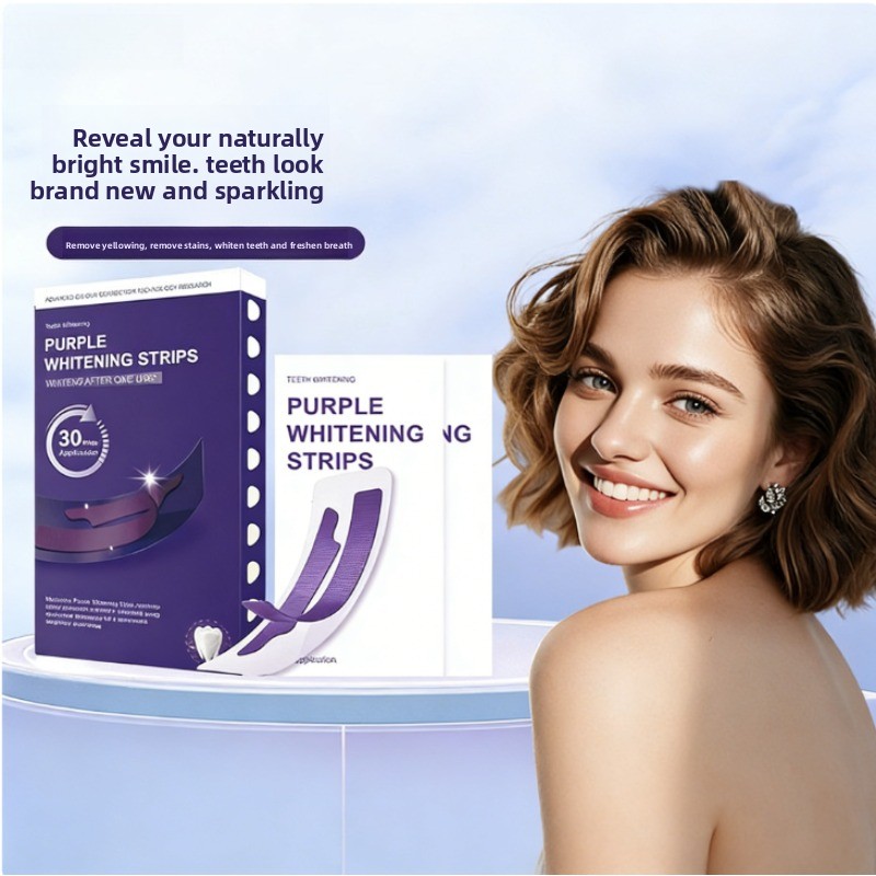 Teeth Whitening Strips - แผ่นฟอกฟันขาว V34 สีม่วงเรืองแสง - เน้นการฟอกสีฟัน ขจัดคราบและคราบพลัค