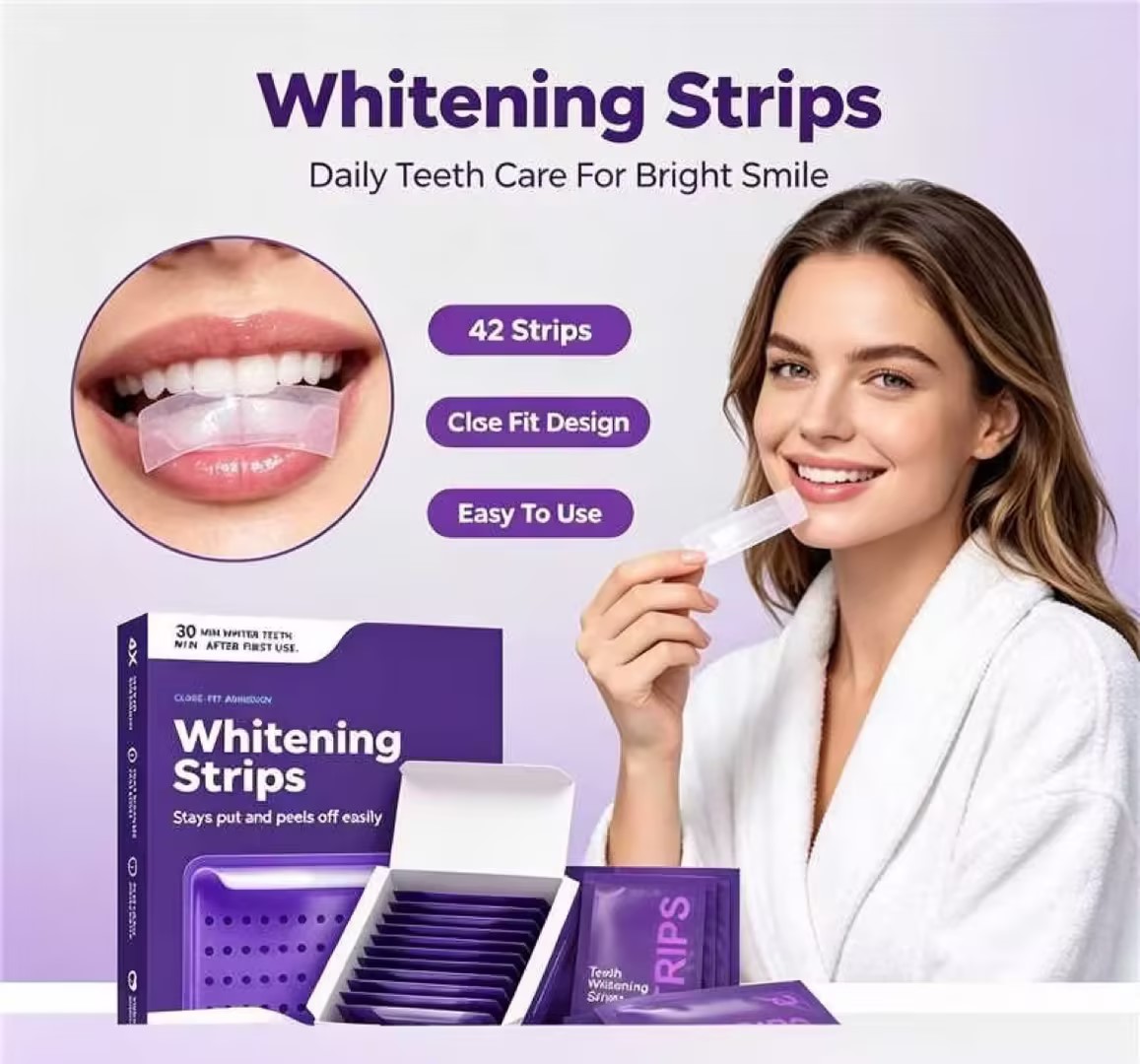 Teeth Whitening Home Kit - แผ่นฟอกฟันขาว 42 ชิ้น แนบสนิทด้วยกาว ใช้งานง่ายสำหรับการดูแลฟันในชีวิตประจำวัน เพื่อความงามในช่องปากที่บ้าน